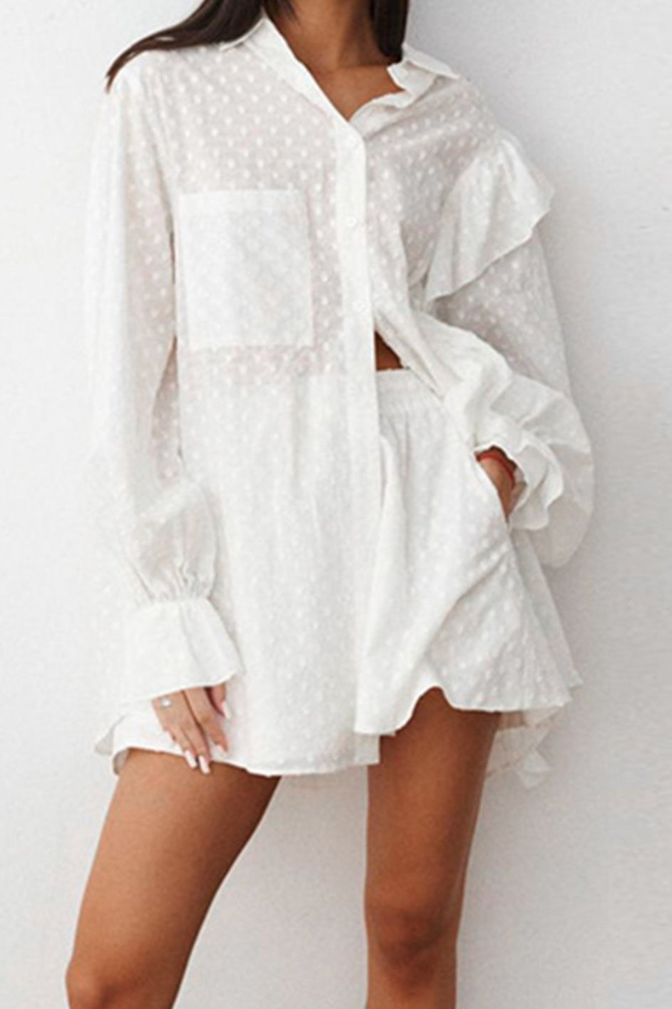 Ruffled Dot Applique Collared Neck Top and Shorts Set