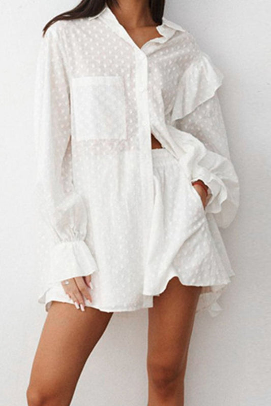 Ruffled Dot Applique Collared Neck Top and Shorts Set